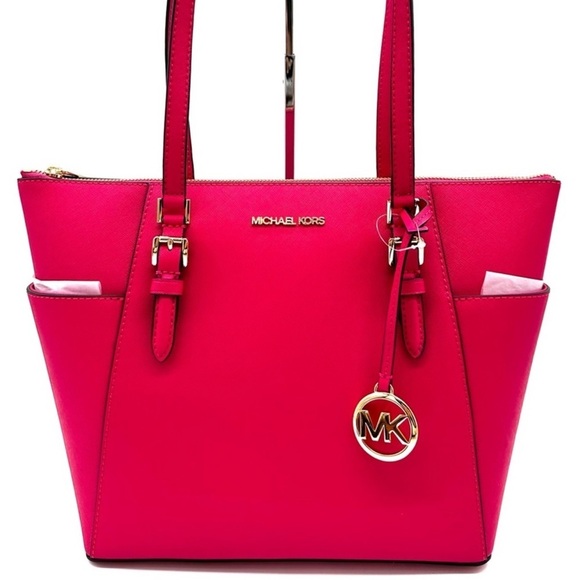 Michael Kors Large Charlotte Tote Bag Luggage Leather Electric Pink